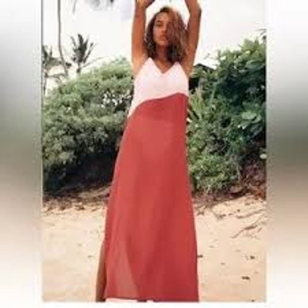 Lulus Seaside Retreat Red And Blush Maxi  Swim Cover up, Side Slit, New Sz S